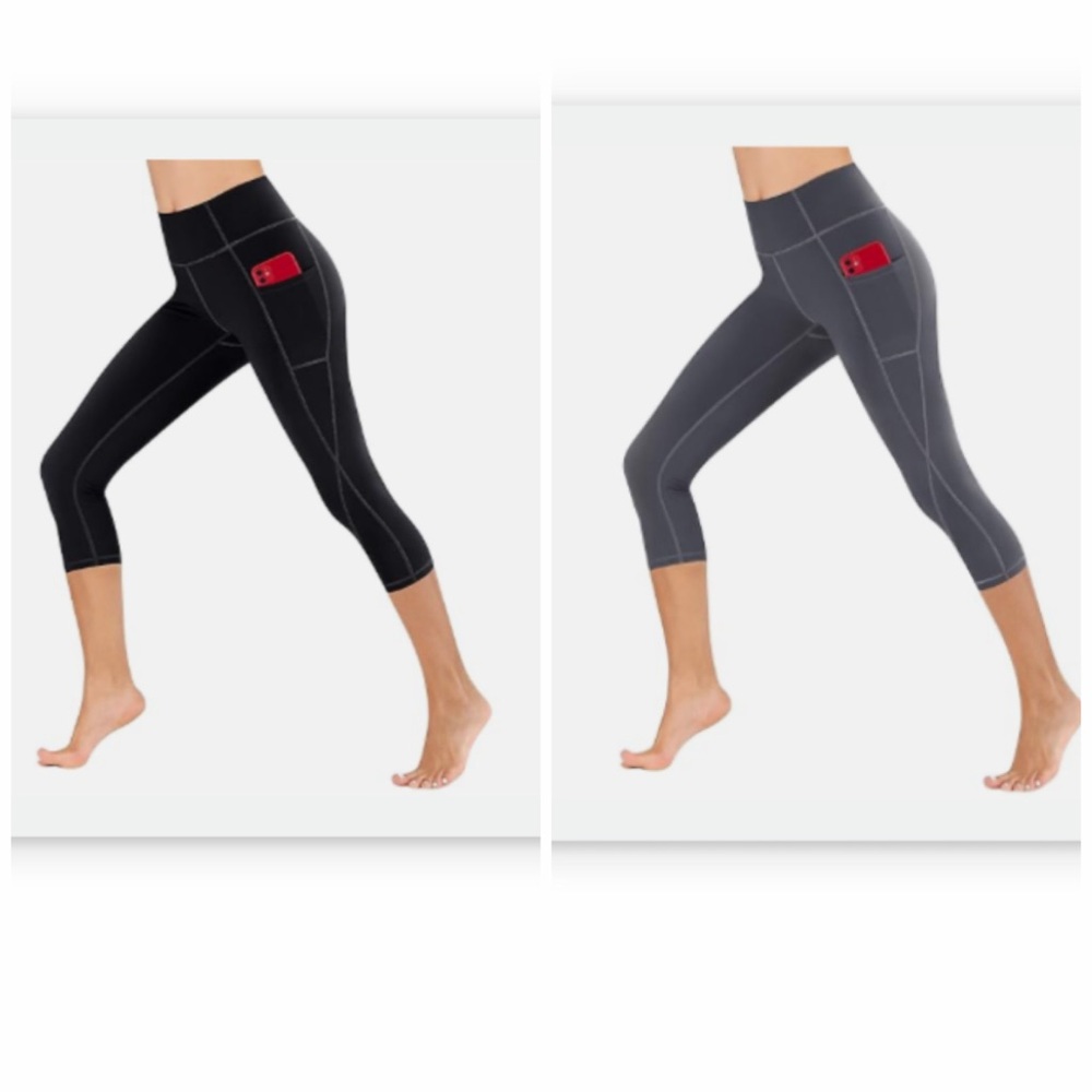 High-Waist 3/4 Leggings with Side Phone Pocket - Black & Gray